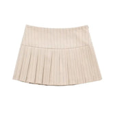 Beige Striped Low Waisted Pleated Mini Skirt